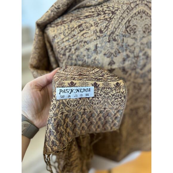 Pashmina Paisley Tan, Chocolate Brown, Metallic Gold Thread Scarf Shawl Wrap - Picture 3 of 4